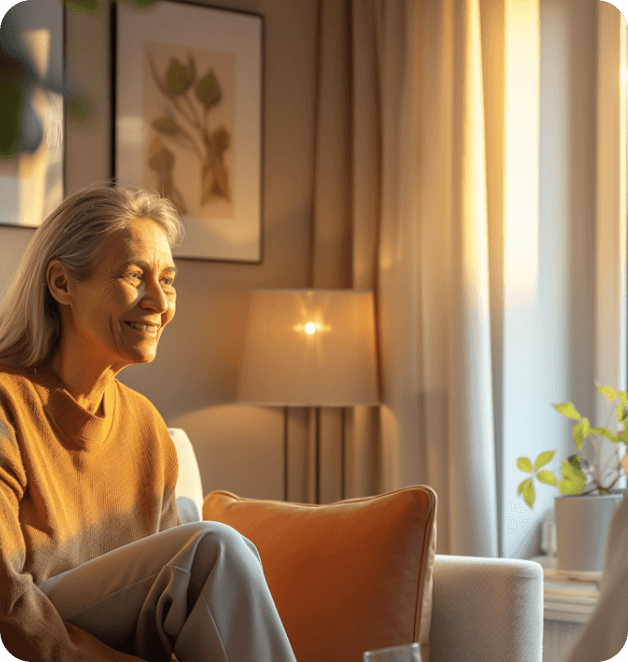A client relaxing in a warm, lamp-lit consulting room